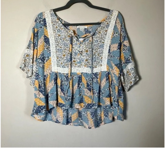 NWT American Eagle Floral Patchwork print Boho Peasant Blouse top women’s size M - Picture 10 of 10